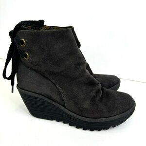 Fly London Ankle Boots Yebi Tie Back Gray Suede Booties Size EU40 US 9/9.5